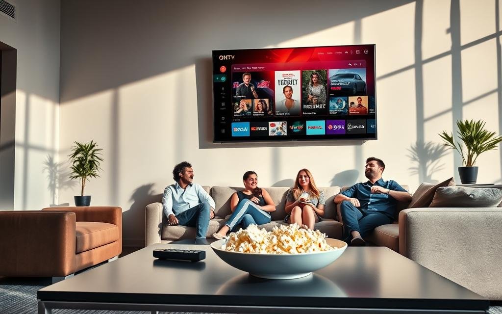 A modern living room featuring a large, sleek television displaying the Atlas Pro ONTV interface, showcasing a vibrant array of channels, movies, and series. In the foreground, a stylish coffee table holds a remote control and a bowl of popcorn, inviting relaxation. The middle ground includes a cozy sofa with a few people dressed in casual, professional attire, engaged in watching content, with expressions of excitement and enjoyment. The background reveals large windows with natural light streaming in, creating a warm and inviting atmosphere. Soft shadows play across the walls, enhancing the cozy feeling. The composition is captured using a wide-angle lens to emphasize the spaciousness of the room, creating a sense of comfort and entertainment.