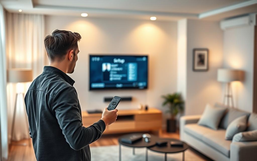 A modern living room scene showcasing the installation of a smart TV. In the foreground, a young adult in smart casual attire is attentively setting up the TV, holding a remote control in one hand and looking at the screen, which displays a setup menu. In the middle, the sleek smart TV is mounted on a stylish wall, surrounded by minimalistic decor and subtle lighting that creates a warm and inviting atmosphere. In the background, a comfortable sofa and a small coffee table with tech accessories can be seen, enhancing the contemporary feel of the space. The lighting is bright yet soft, emphasizing a focus on the installation process, with a slight depth of field that blurs the background gently. The overall mood is professional and efficient, reflecting a sense of ease in setting up cutting-edge technology. A modern living room scene showcasing the installation of a smart TV. In the foreground, a young adult in smart casual attire is attentively setting up the TV, holding a remote control in one hand and looking at the screen, which displays a setup menu. In the middle, the sleek smart TV is mounted on a stylish wall, surrounded by minimalistic decor and subtle lighting that creates a warm and inviting atmosphere. In the background, a comfortable sofa and a small coffee table with tech accessories can be seen, enhancing the contemporary feel of the space. The lighting is bright yet soft, emphasizing a focus on the installation process, with a slight depth of field that blurs the background gently. The overall mood is professional and efficient, reflecting a sense of ease in setting up cutting-edge technology.