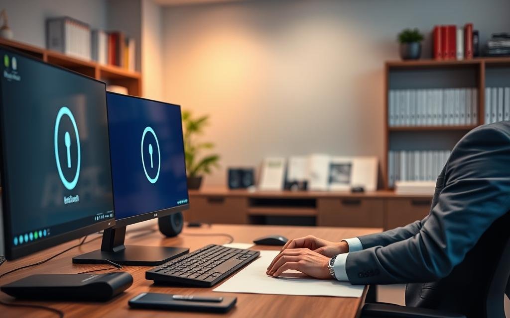 A modern workspace featuring a sleek computer setup displaying a connection icon on the screen, symbolizing internet connectivity. In the foreground, a professional individual dressed in business attire is confidently typing on the keyboard, conveying focus and diligence. The middle ground includes a stylish desk with tech gadgets, a smartphone, and a router to emphasize internet readiness. Soft, ambient lighting illuminates the workspace, creating a welcoming atmosphere. In the background, there are blurred bookshelves filled with technical manuals and networking charts, hinting at preparation for important tasks ahead. The overall mood reflects professionalism and anticipation, suitable for highlighting essential prerequisites before technical modifications.