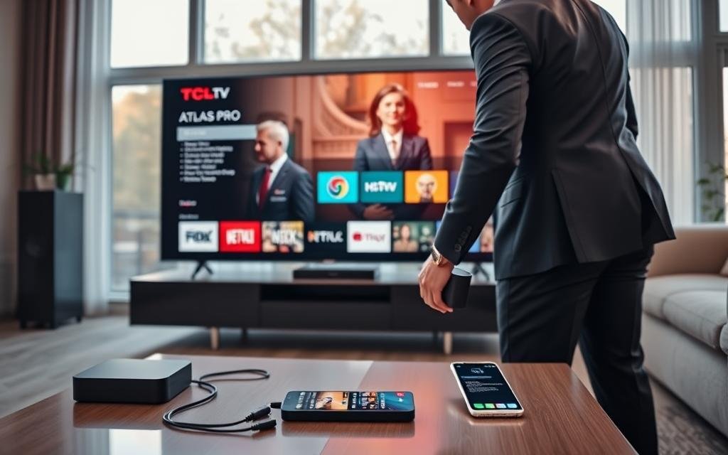 A sleek and modern living room setting, featuring a large TCL TV prominently displaying the Atlas Pro ONTV interface. In the foreground, a person in professional business attire is connecting various devices, such as a streaming box and a sound system, with visible HDMI and power cables. The middle ground showcases a stylish coffee table adorned with a remote control and a smartphone, which shows compatibility options. In the background, soft, natural light filters through large windows, casting a warm glow over the room. The atmosphere is focused and tech-savvy, emphasizing readiness for installation, with vibrant colors and a clean, organized aesthetic. The angle captures both the TV and the interaction, creating a sense of engagement in a contemporary home environment. A sleek and modern living room setting, featuring a large TCL TV prominently displaying the Atlas Pro ONTV interface. In the foreground, a person in professional business attire is connecting various devices, such as a streaming box and a sound system, with visible HDMI and power cables. The middle ground showcases a stylish coffee table adorned with a remote control and a smartphone, which shows compatibility options. In the background, soft, natural light filters through large windows, casting a warm glow over the room. The atmosphere is focused and tech-savvy, emphasizing readiness for installation, with vibrant colors and a clean, organized aesthetic. The angle captures both the TV and the interaction, creating a sense of engagement in a contemporary home environment.